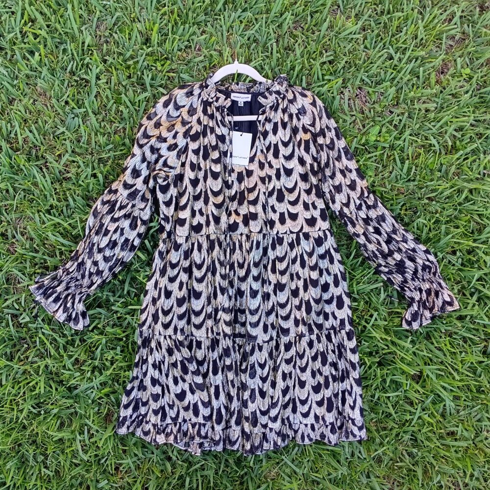 NWT  Gold Gibson & Latimer M Tiered Peasant Boho Metallic Mini Dress - Picture 2 of 9